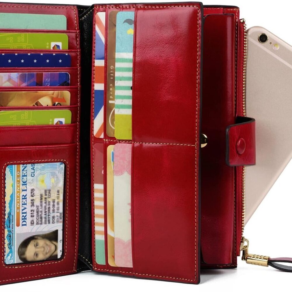 Women's Genuine Leather Wallet RFID Blocking Multi Card Holder with Cell Phone P - Picture 4 of 7